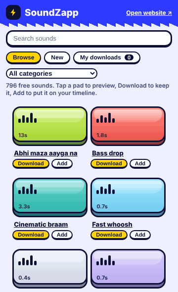 The SoundZapp panel inside Premiere Pro: tap a pad to hear a sound, press Download, then Add to put it on the timeline